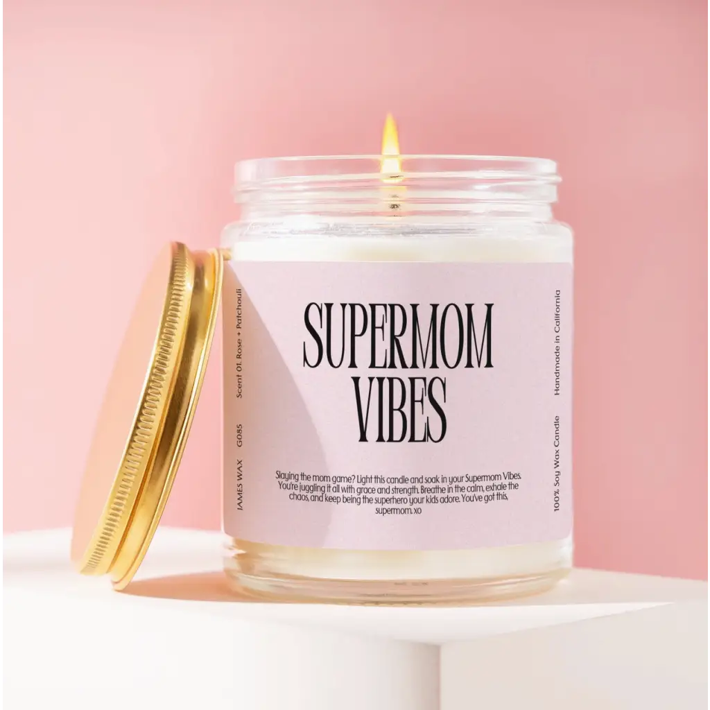 Lit Supermom Vibes Candle in a glass jar, handcrafted in small batches for top-notch quality