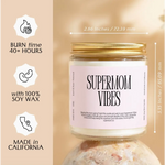 White soy wax Supermom Vibes candle in a jar, creating small batches for top-notch quality