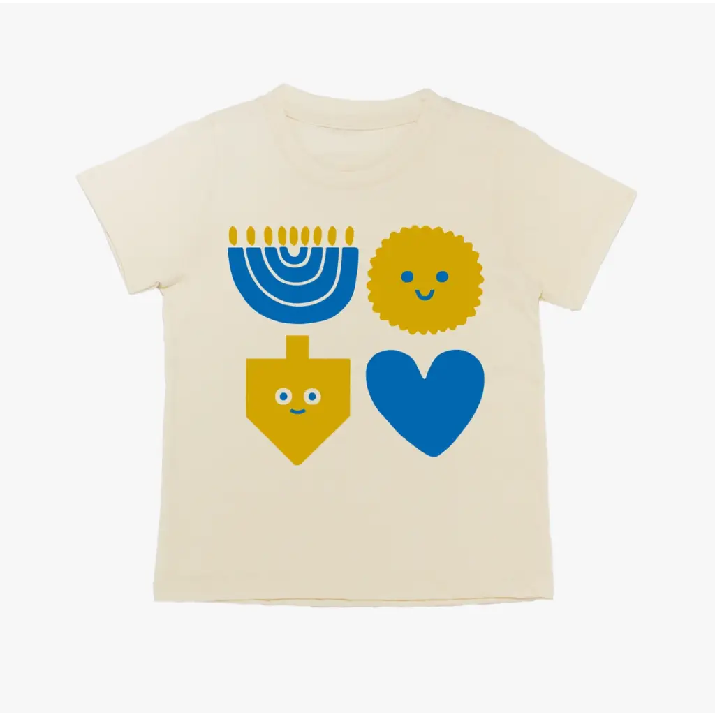 Cream Suzy Ultman Hanukkah T-shirt with blue and yellow symbols like menorah and dreidel