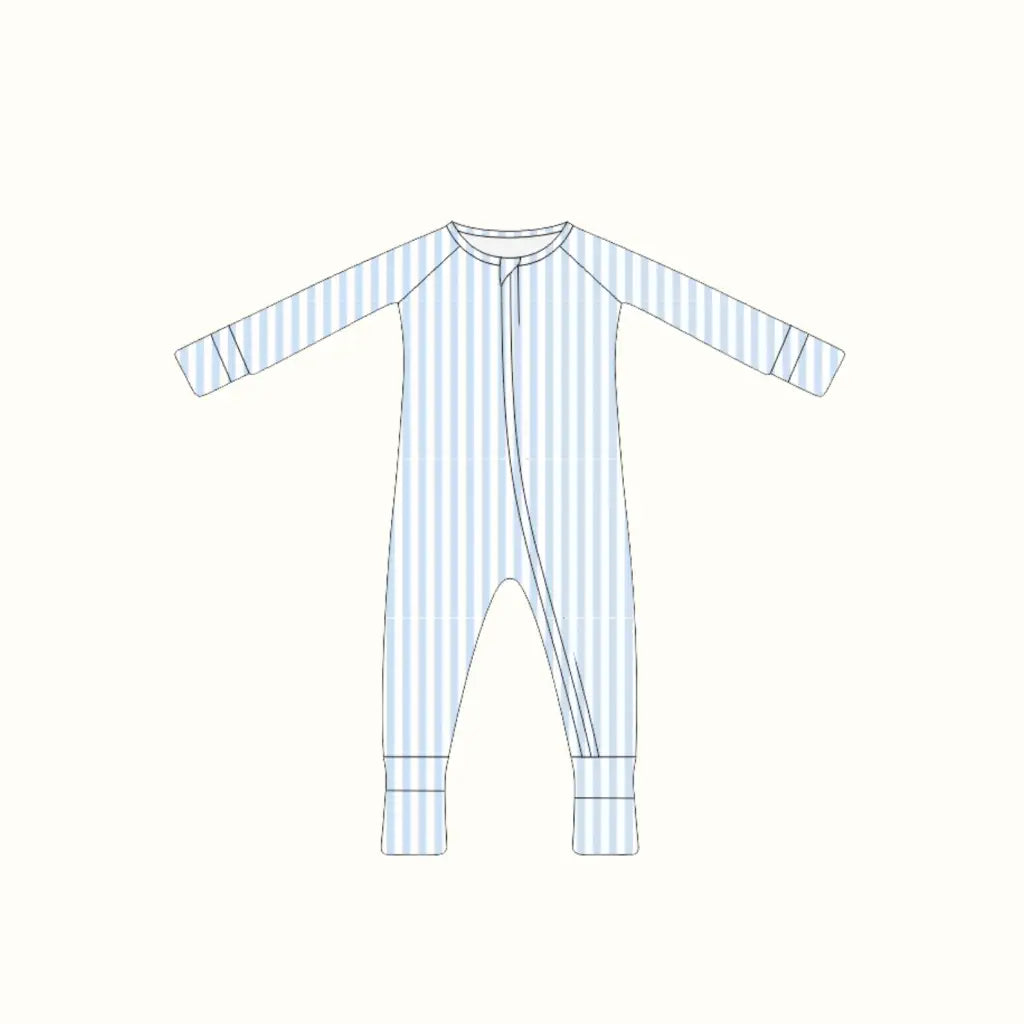 Soft light blue and white striped bamboo baby sleeper onesie