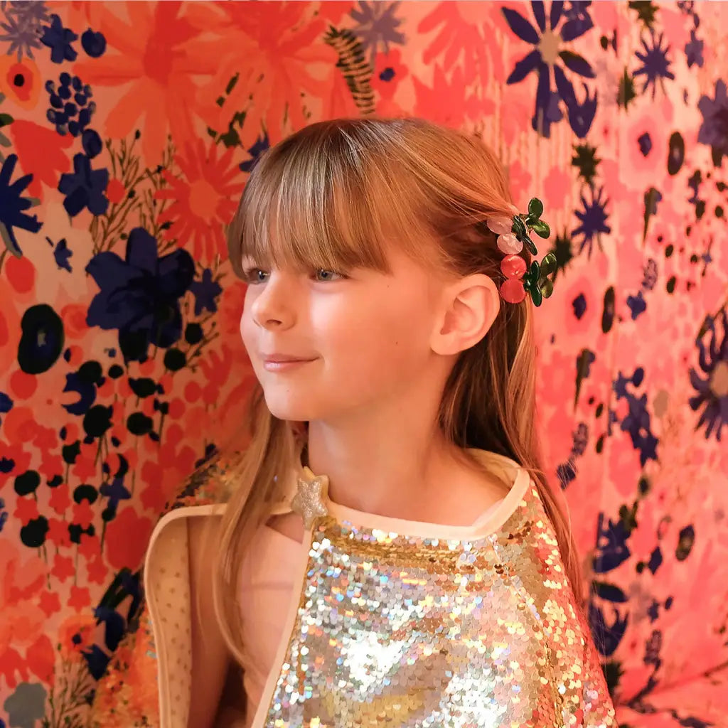 Gold sequined cape with floral and pink accents for Sweet Cherries Claw Clips 2 Pack