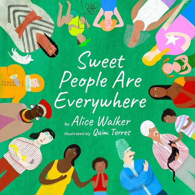 Green circular book cover by Alice Walker, sweet people diverse illustration