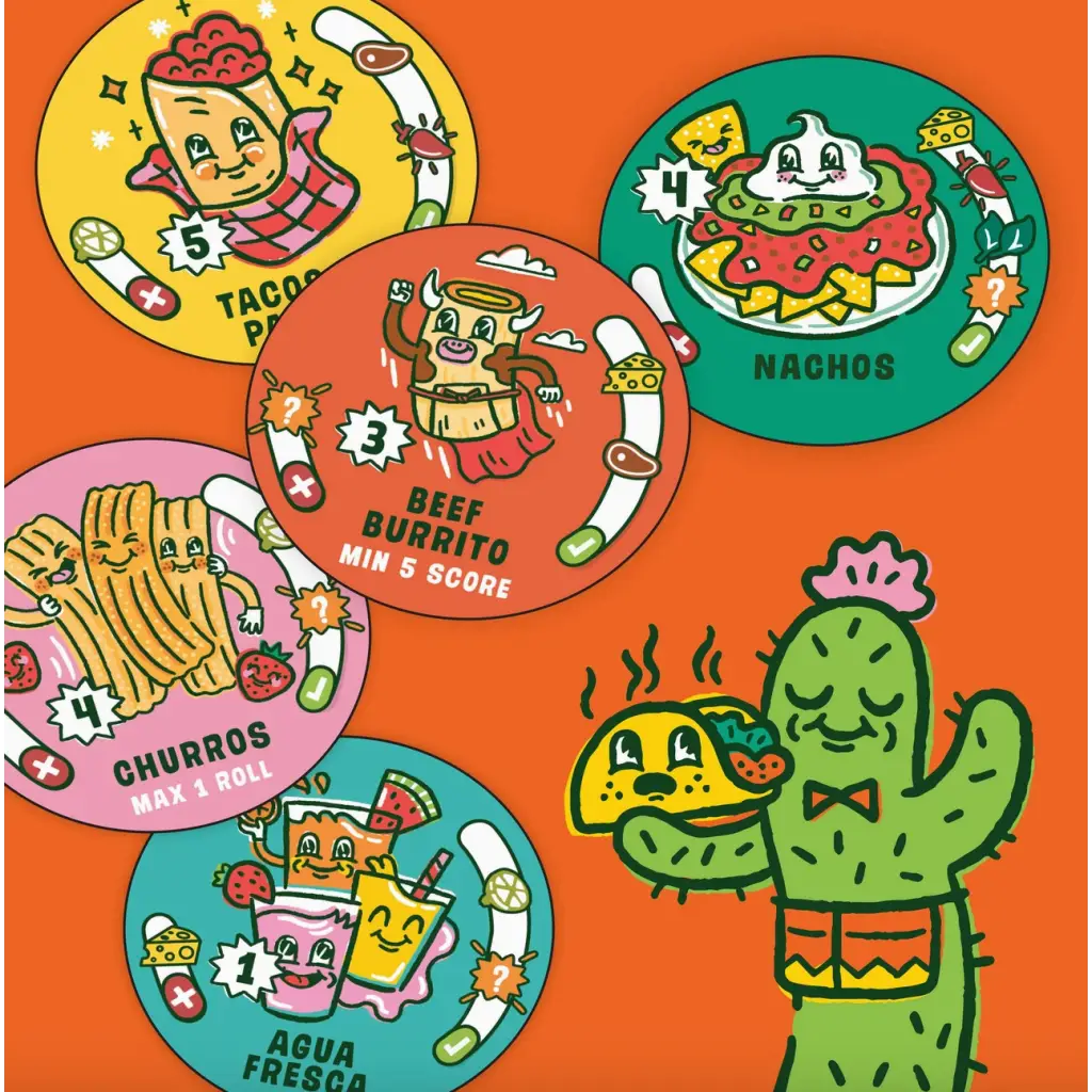 Colorful cartoon Mexican food badges for Taco Time with the Spec-Taco-lar Game