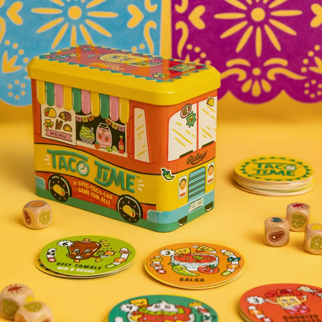 Colorful taco truck tin for Taco Time with the Spec-Taco-lar Game and polished prints