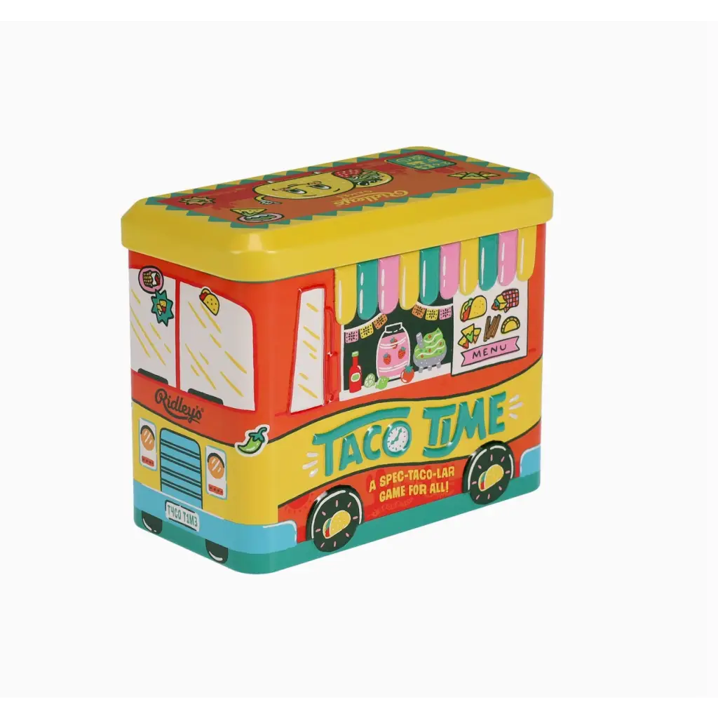 Colorful yellow and orange bus tin for Taco Time with the Spec-taco-lar Game storage