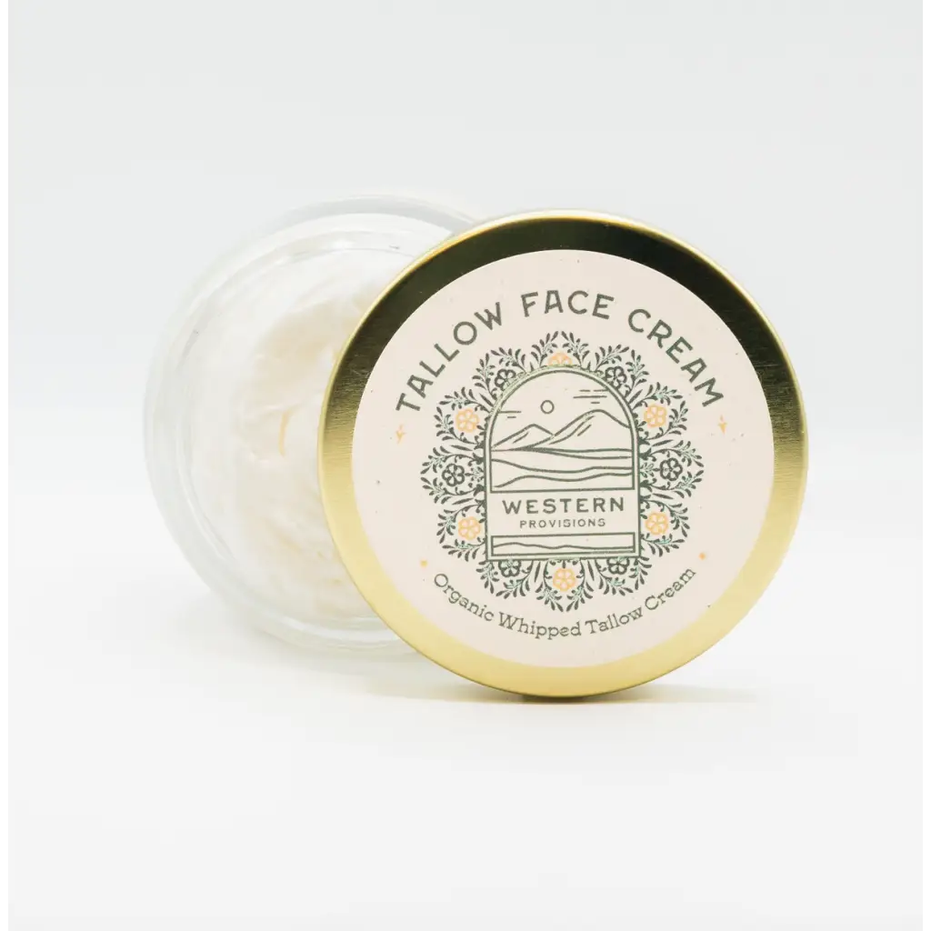 Tallow Face Cream by Western Provisions in glass jar with gold lid, pasture raised tallow and frankincense oil