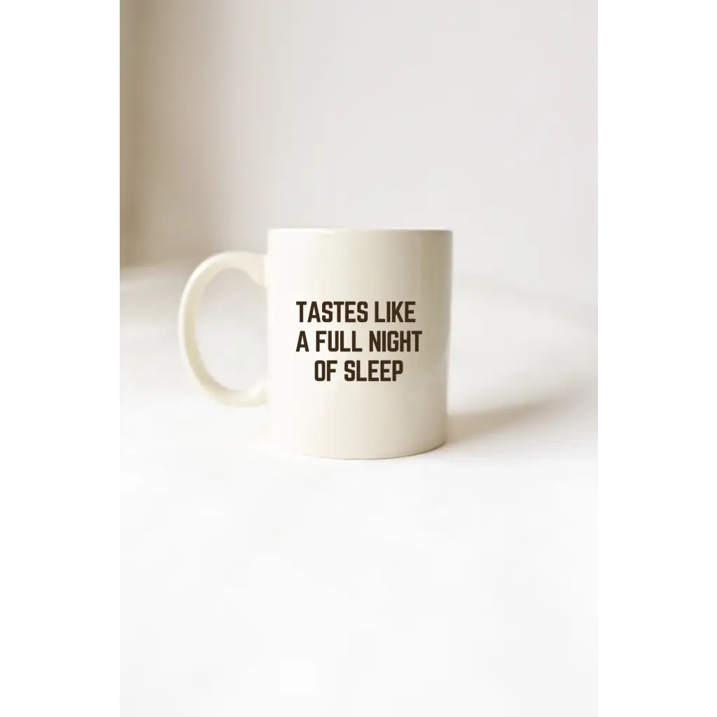 Cream-colored ceramic night sleep mug with text, perfect sleep mug for relaxing nights