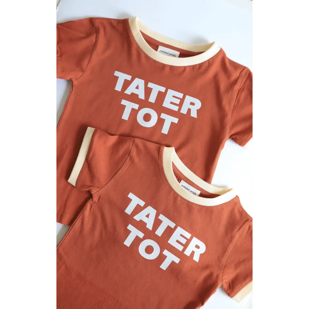 Rust T-shirts for tot kids featuring fun TATER TOT print in white letters