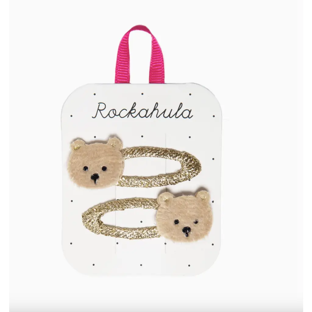 Glittery Gold Teddy Bear Clips on a Rockahula card for cute hair styling fun!