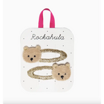 Glittery Gold Teddy Bear Clips on a Rockahula card for cute hair styling fun!