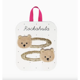 Glittery Gold Teddy Bear Clips on a Rockahula card for cute hair styling fun!