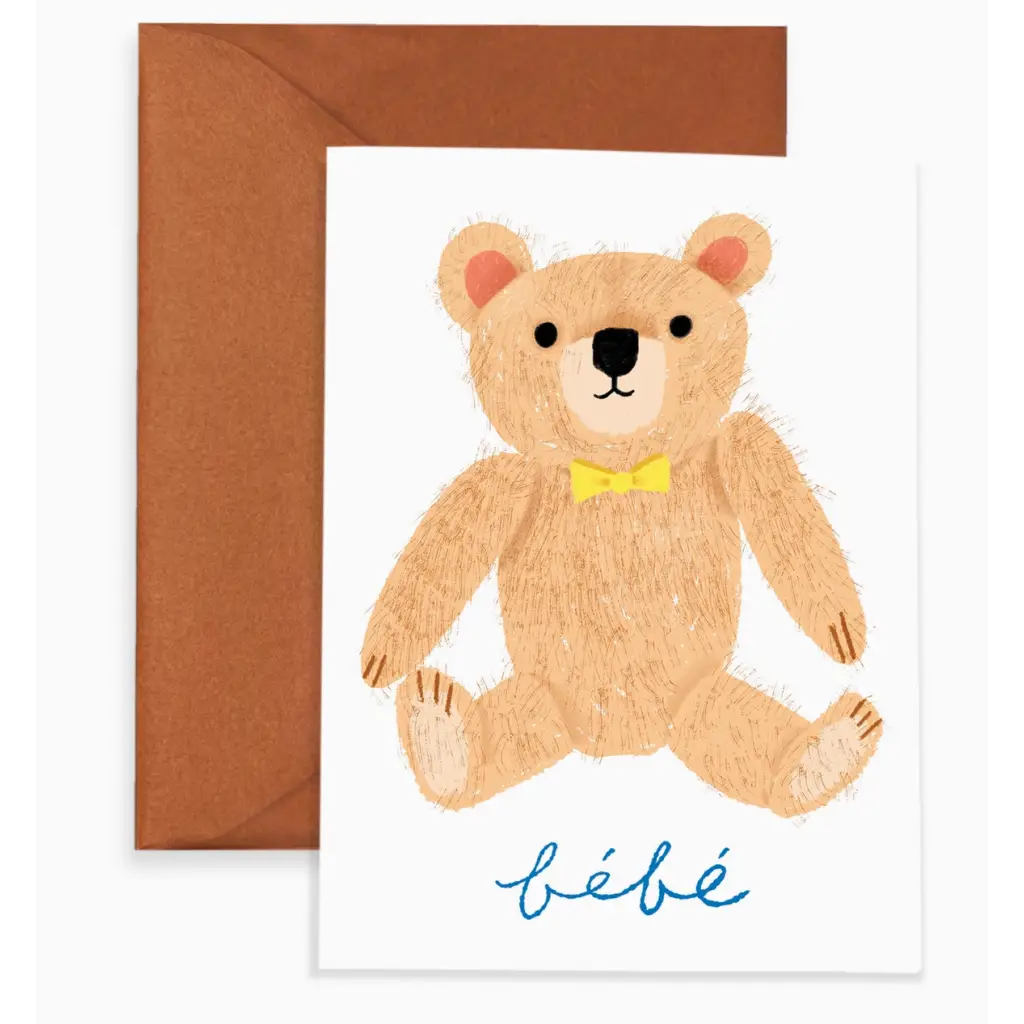 Cute teddy bear illustration on a baby card with stylish blue script and yellow collar