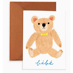 Cute teddy bear illustration on a baby card with stylish blue script and yellow collar