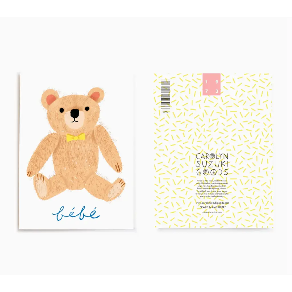 Brown teddy bear with yellow bow tie on a Teddy Welcome Baby Card from Polished Prints