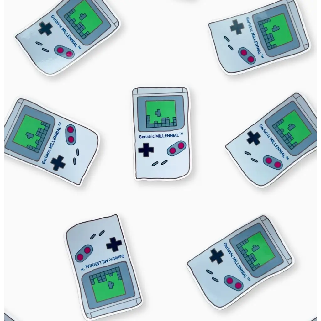 Pattern of handheld game console stickers on Tetris Gameboy Geriatric Millennial Sticker with polished prints