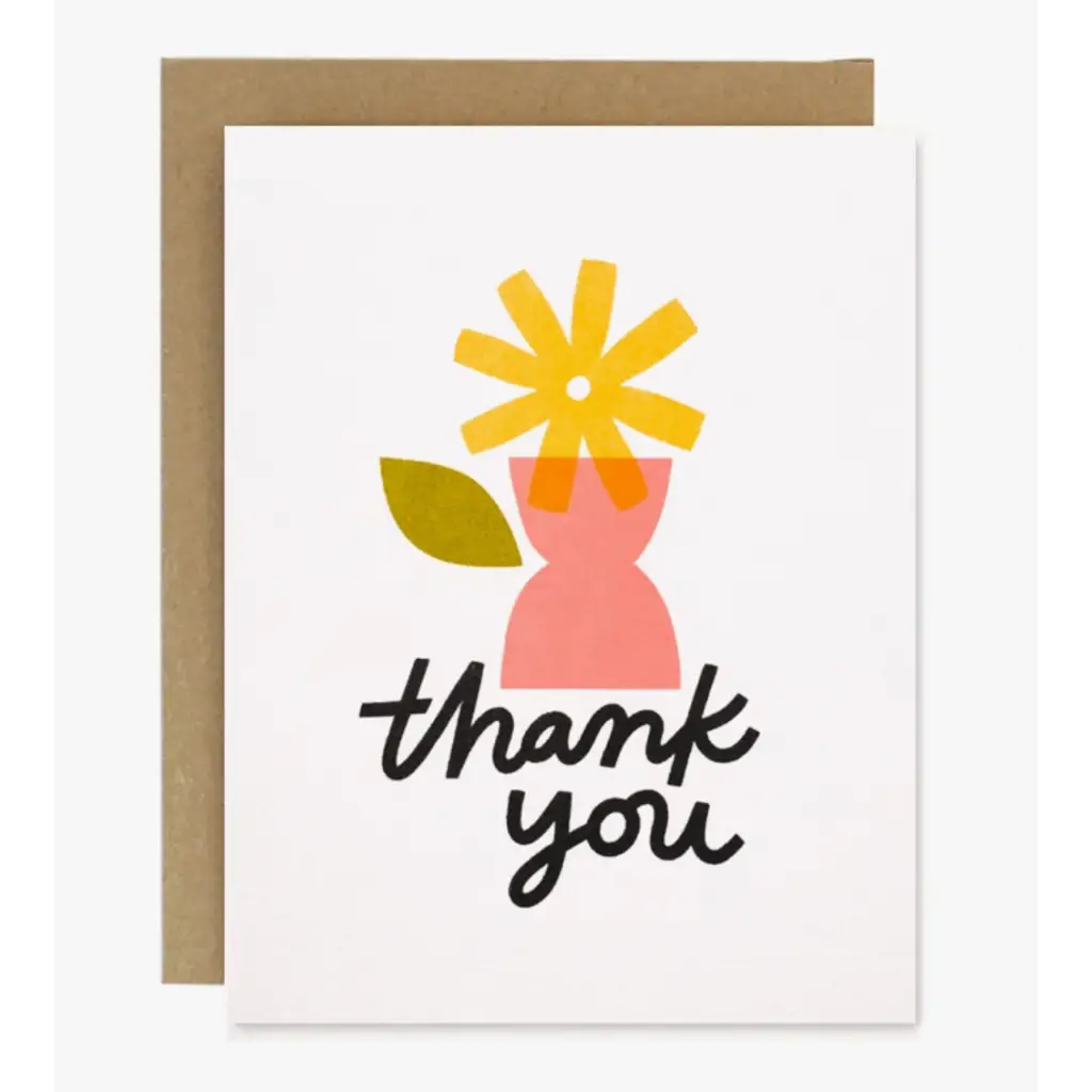 Colorful flower vase card with pink vase, yellow flower, and green leaf for gratitude