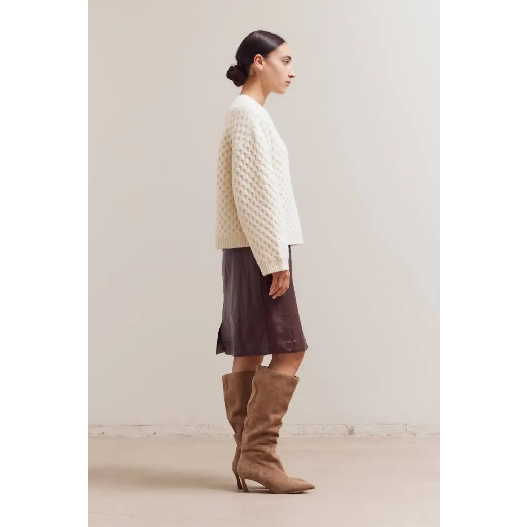 Cozy Betsy Crew Knit sweater with brown leather skirt and boots