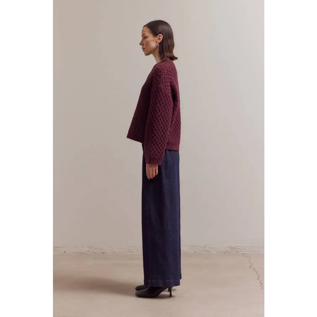 Maroon Betsy Crew Knit sweater with navy pants and black heels