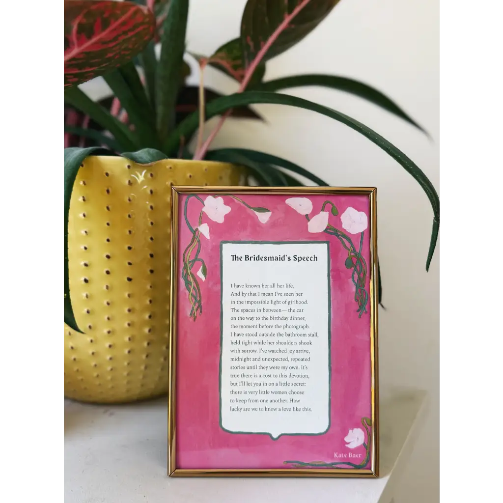 Gold-framed pink cherry blossom wall art prints with bridesmaid speech poem, free shipping
