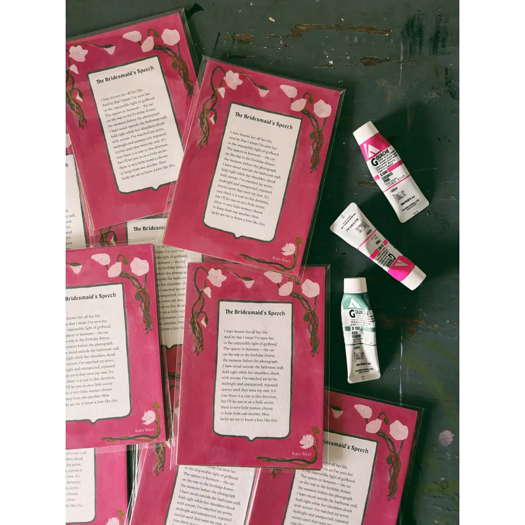 Pink cherry blossom greeting card set with white text and Kate Baer’s wall art prints, free shipping