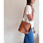 Brown leather bucket bag from The Brooke, perfect everyday bucket bag for any occasion