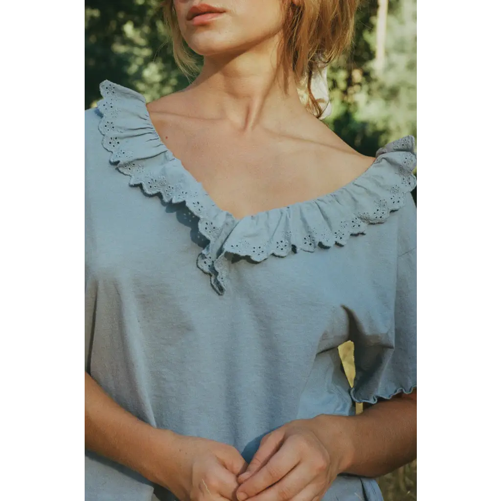 Light blue Cottage Tee off-shoulder top with eyelet lace trim