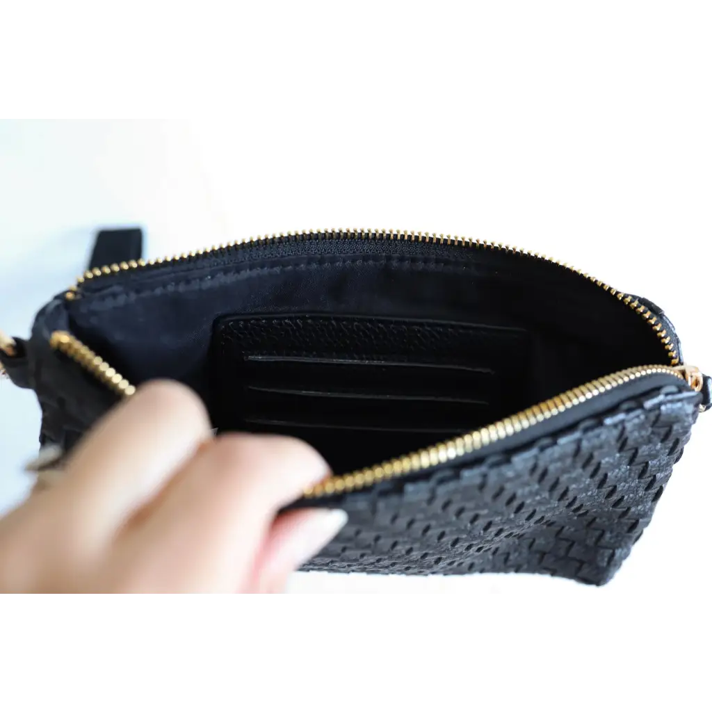 Black woven leather Devin Clutch wallet with zipper and card slots, a perfect combination