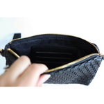 Black woven leather Devin Clutch wallet with zipper and card slots, a perfect combination