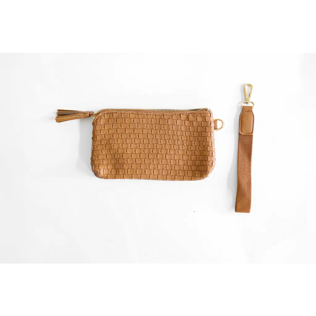 Tan woven leather Devin Clutch with tassel, detachable strap for a perfect combo