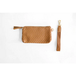 Tan woven leather Devin Clutch with tassel, detachable strap for a perfect combo