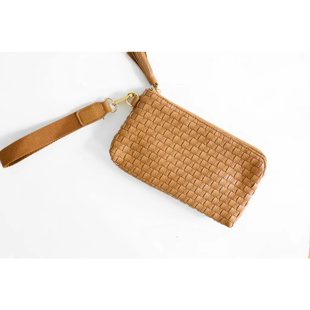 Tan woven leather Devin Clutch wristlet with detachable strap for a perfect combination