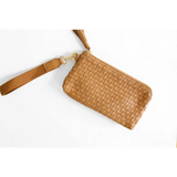 Tan woven leather Devin Clutch wristlet with detachable strap for a perfect combination