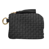 Black Woven Leather Devin Coin Purse with Zipper and Tassel Attachment