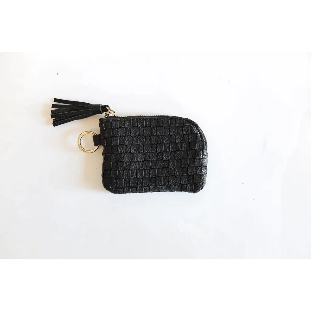 Black woven leather Devin Coin Purse with tassel for stylish and practical storage