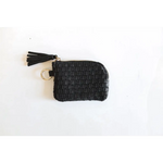 Black woven leather Devin Coin Purse with tassel for stylish and practical storage