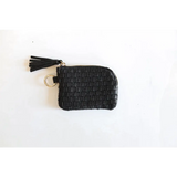 Black woven leather Devin Coin Purse with tassel for stylish and practical storage