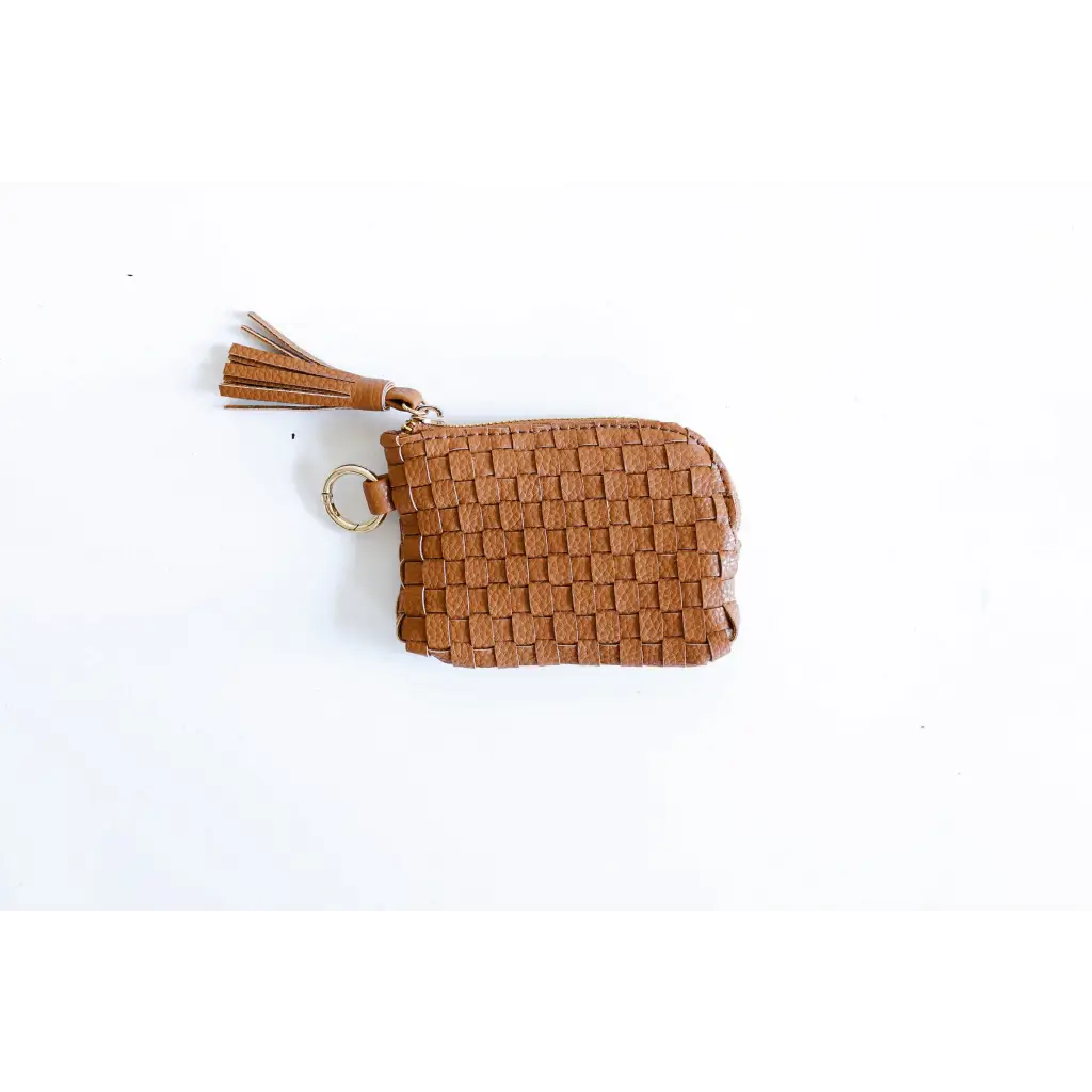 Brown woven leather Devin Coin Purse with stylish tassel zipper pull detail