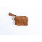 Brown woven leather Devin Coin Purse with stylish tassel zipper pull detail