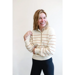 Cream-colored Ellen Henley Sweater with brown stripes, perfect for classic style lovers