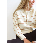 Cream-colored Ellen Henley Sweater with stripes and decorative buttons for classic style