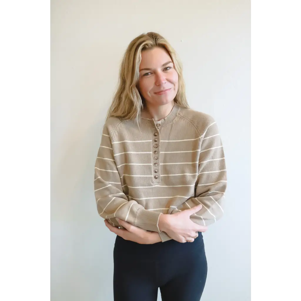 Ellen Henley Sweater in beige and white stripes for a classic style look