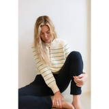 Green Ellen Henley zip hoodie with cream black stripes, three peace signs