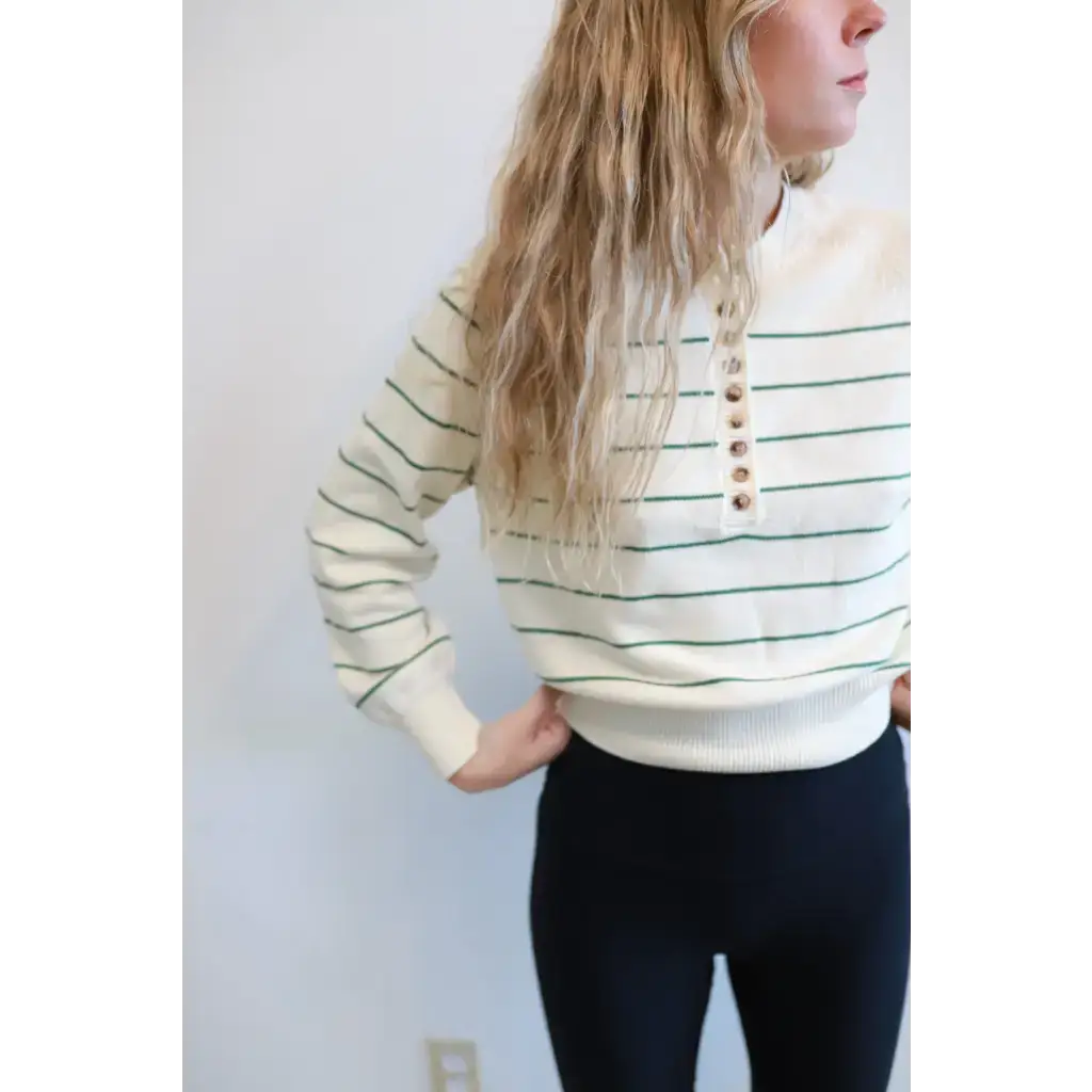 Cozy cream and green striped Ellen Henley Sweater in Green with wooden buttons, leggings