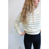 Cozy cream and green striped Ellen Henley Sweater in Green with wooden buttons, leggings