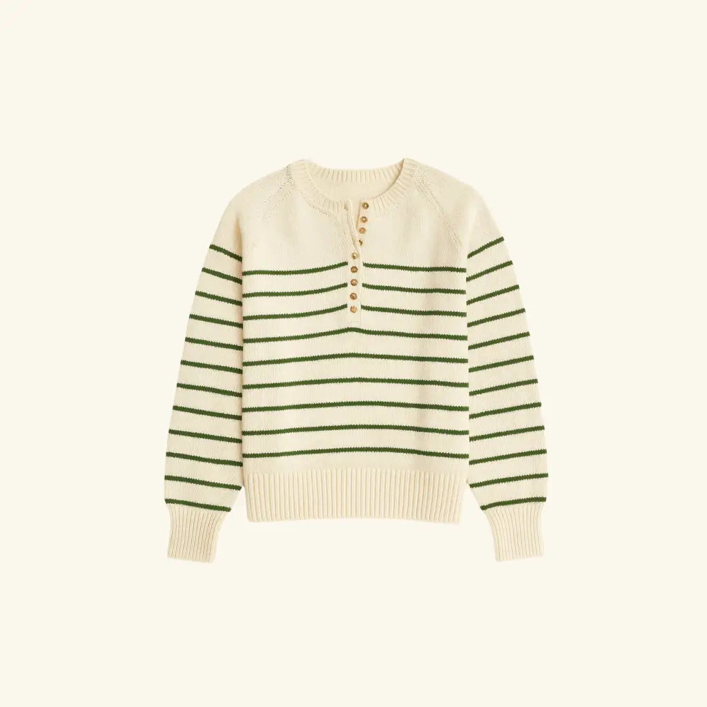 Cream and green striped Ellen Henley Sweater with lace-up front