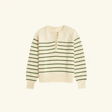 Cream and green striped Ellen Henley Sweater with lace-up front