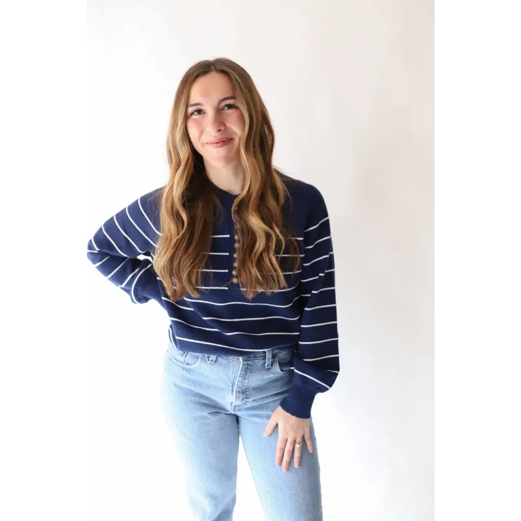 Navy and white striped The Ellen Henley Sweater with light blue jeans and peace signs camp vibes