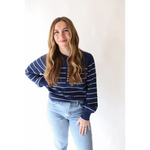 Navy and white striped The Ellen Henley Sweater with light blue jeans and peace signs camp vibes