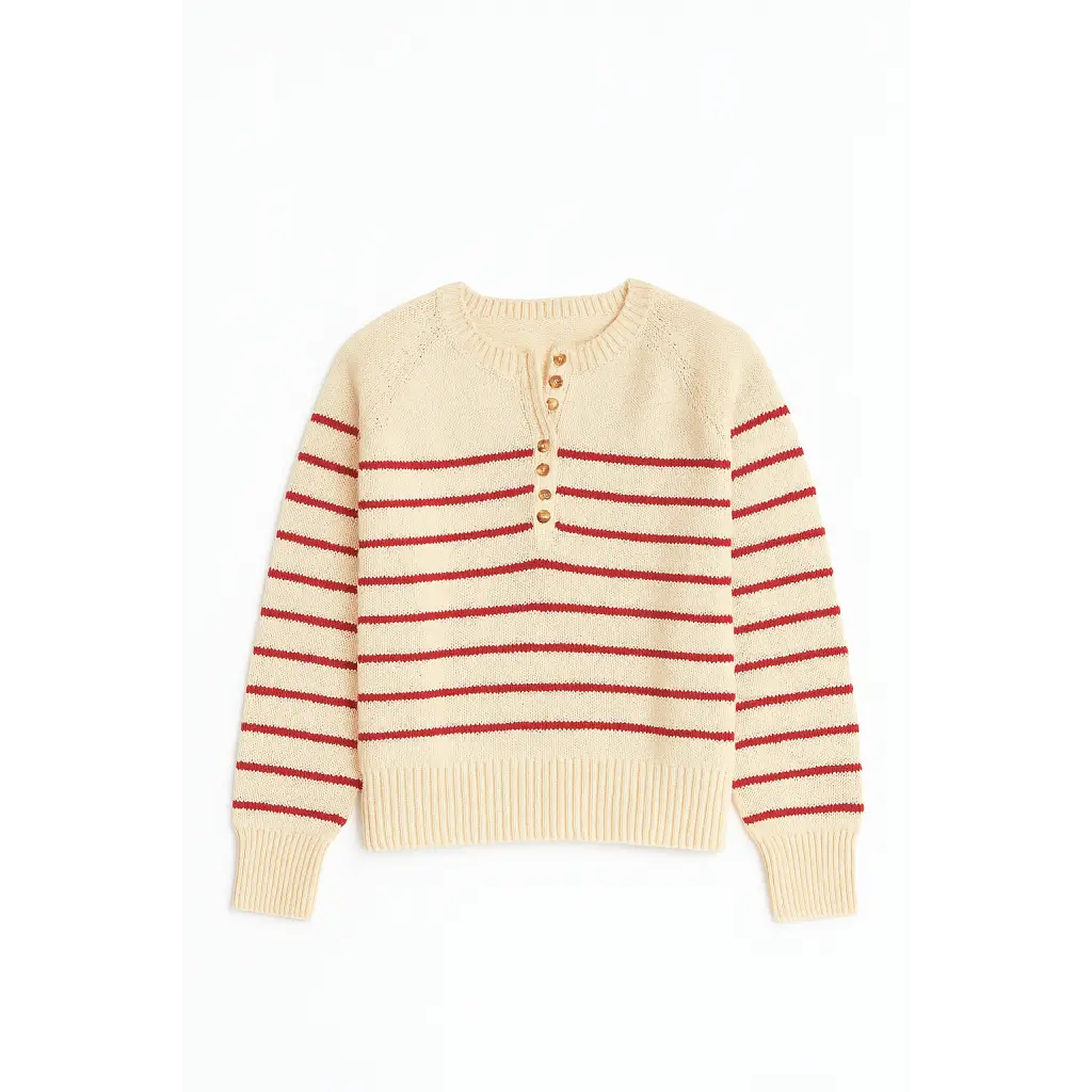 Red cream striped Ellen Henley Sweater with front buttons
