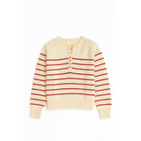 Red cream striped Ellen Henley Sweater with front buttons